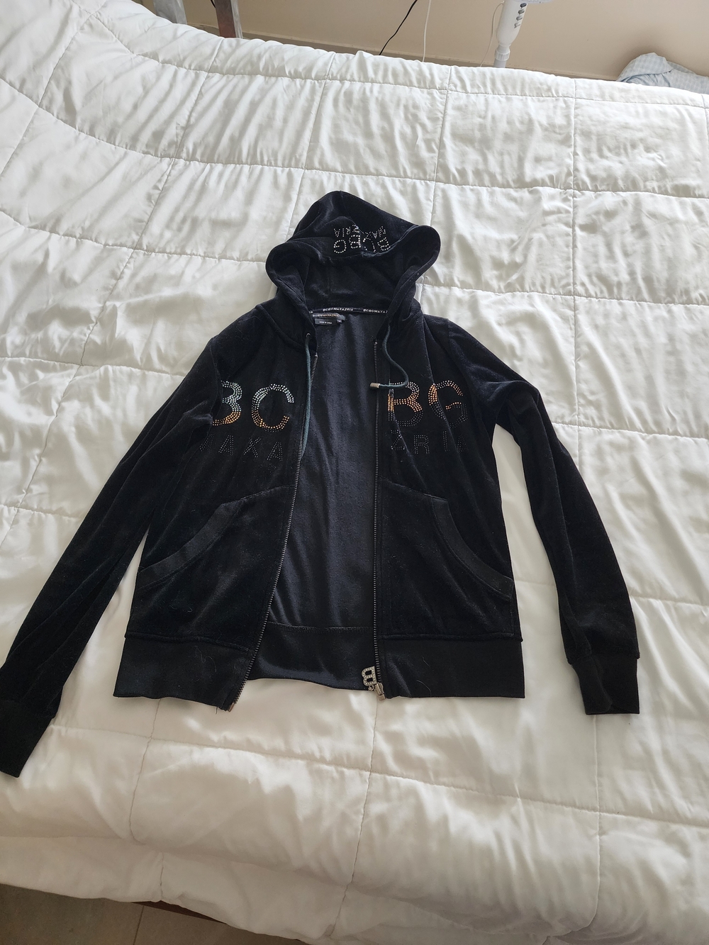 BCBGMaxAzria Black Velour Rhinestone Logo Zip Hoodie